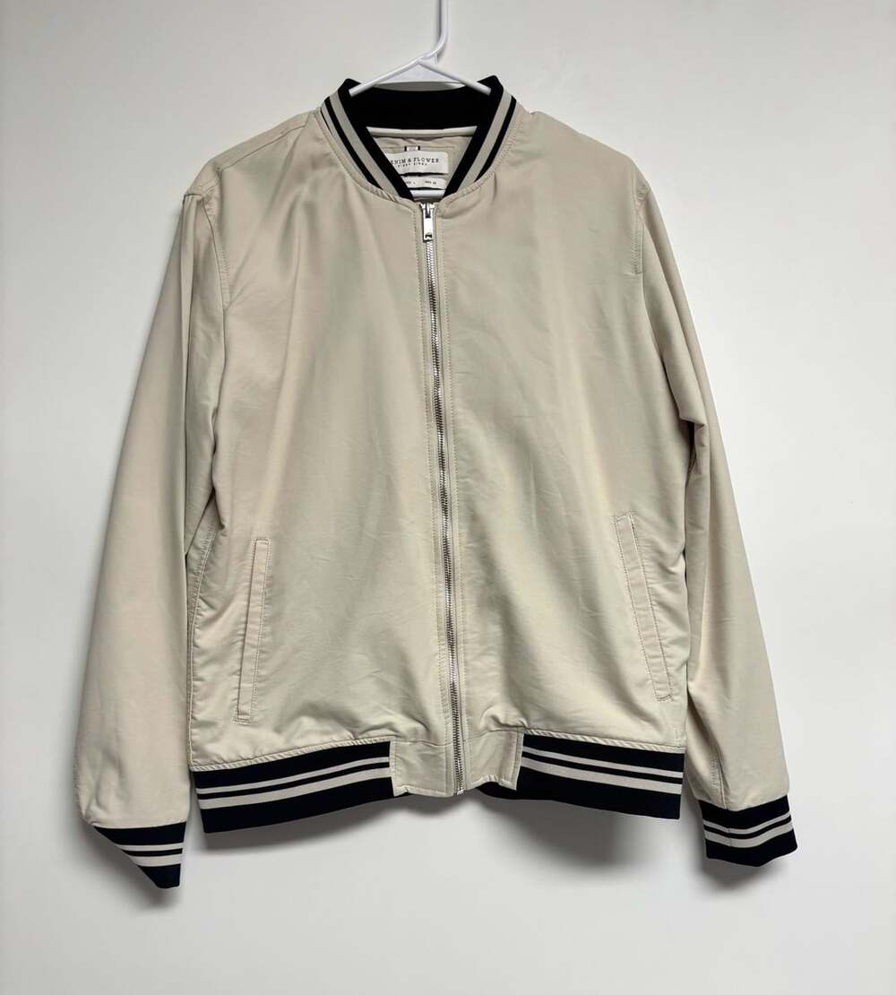 Denim & Flower Bomber Jacket Size L Beige Striped Trim Full Zip
